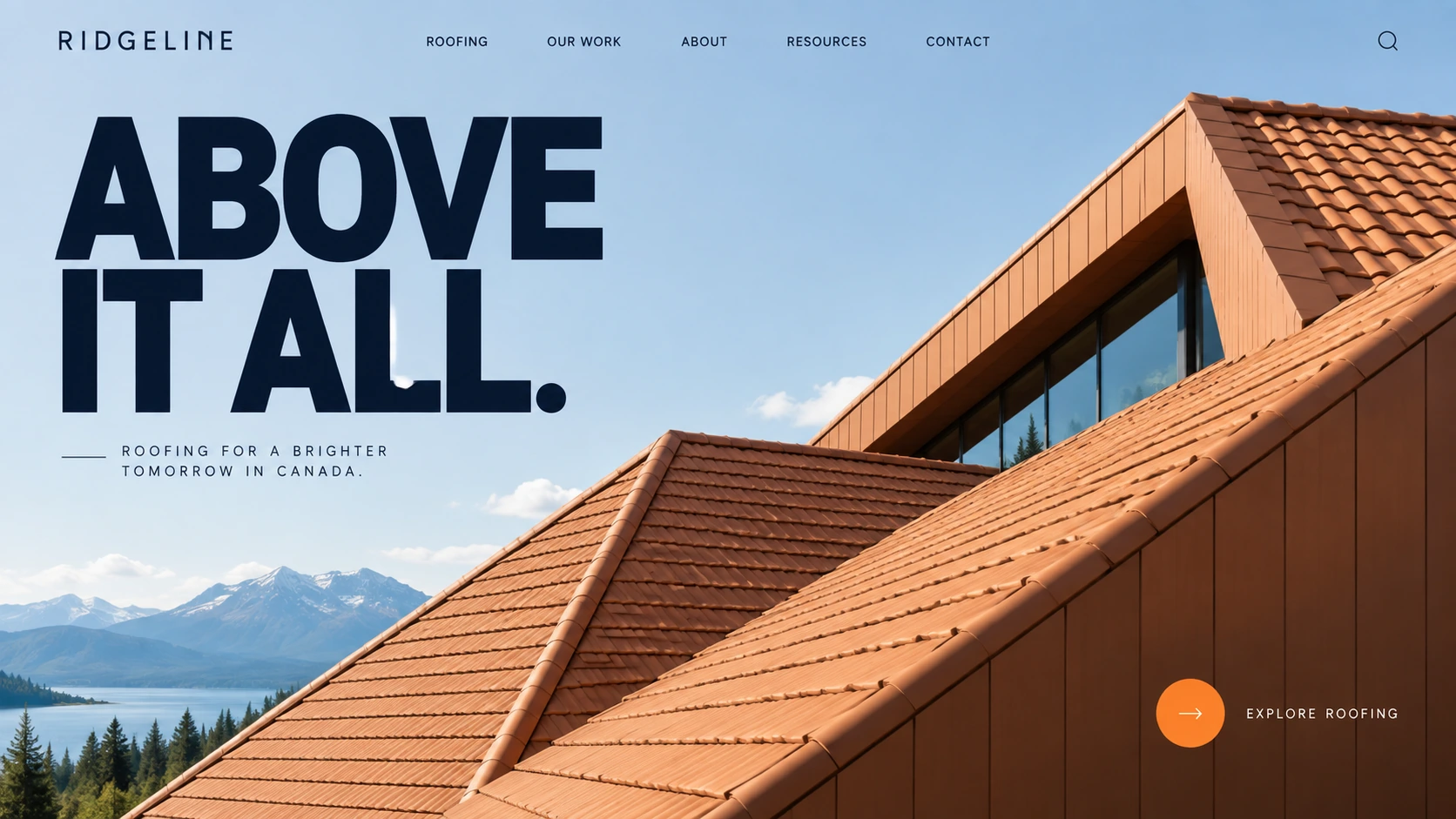 Illustrative roofing website design with architectural roof imagery and bold typography