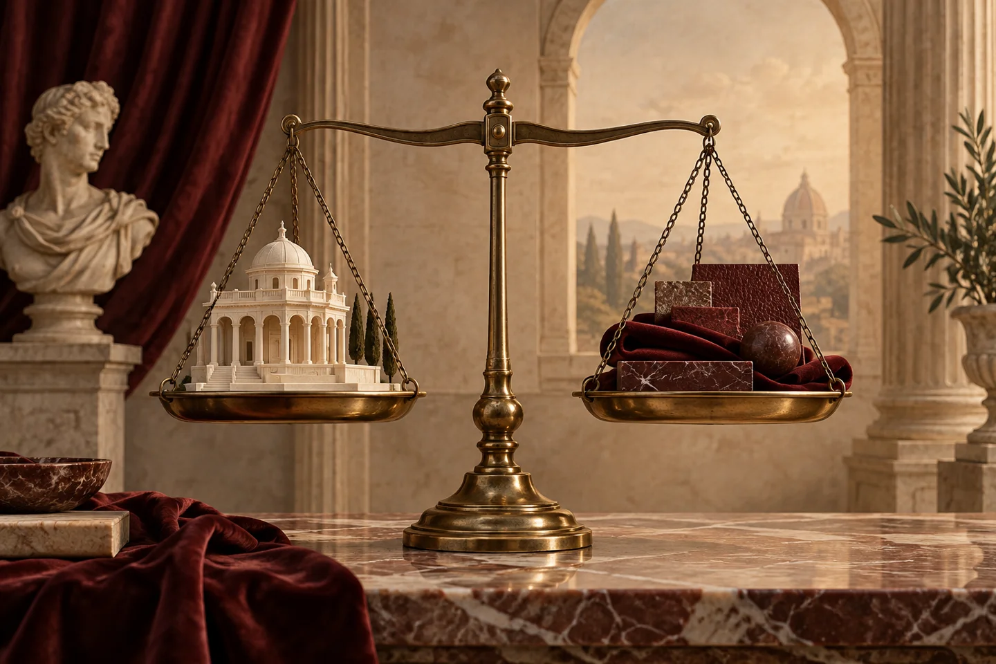 Brass balance with architectural models and material samples