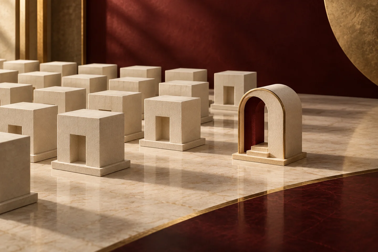 One distinctive arched model beside repeated geometric models