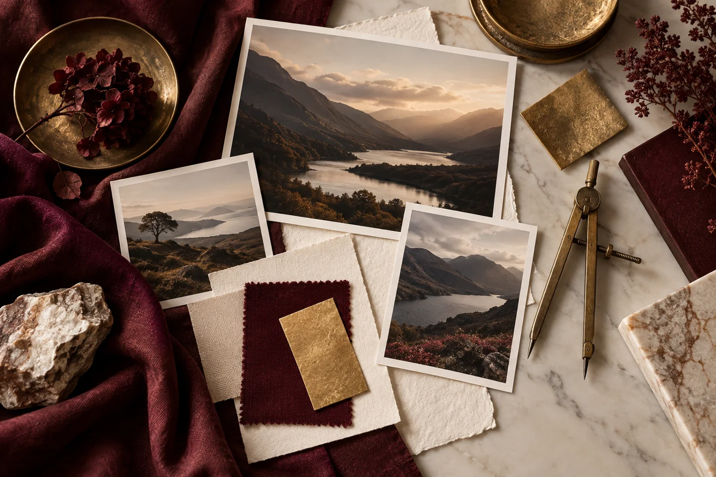 Tactile moodboard of fabric, photographs and paper