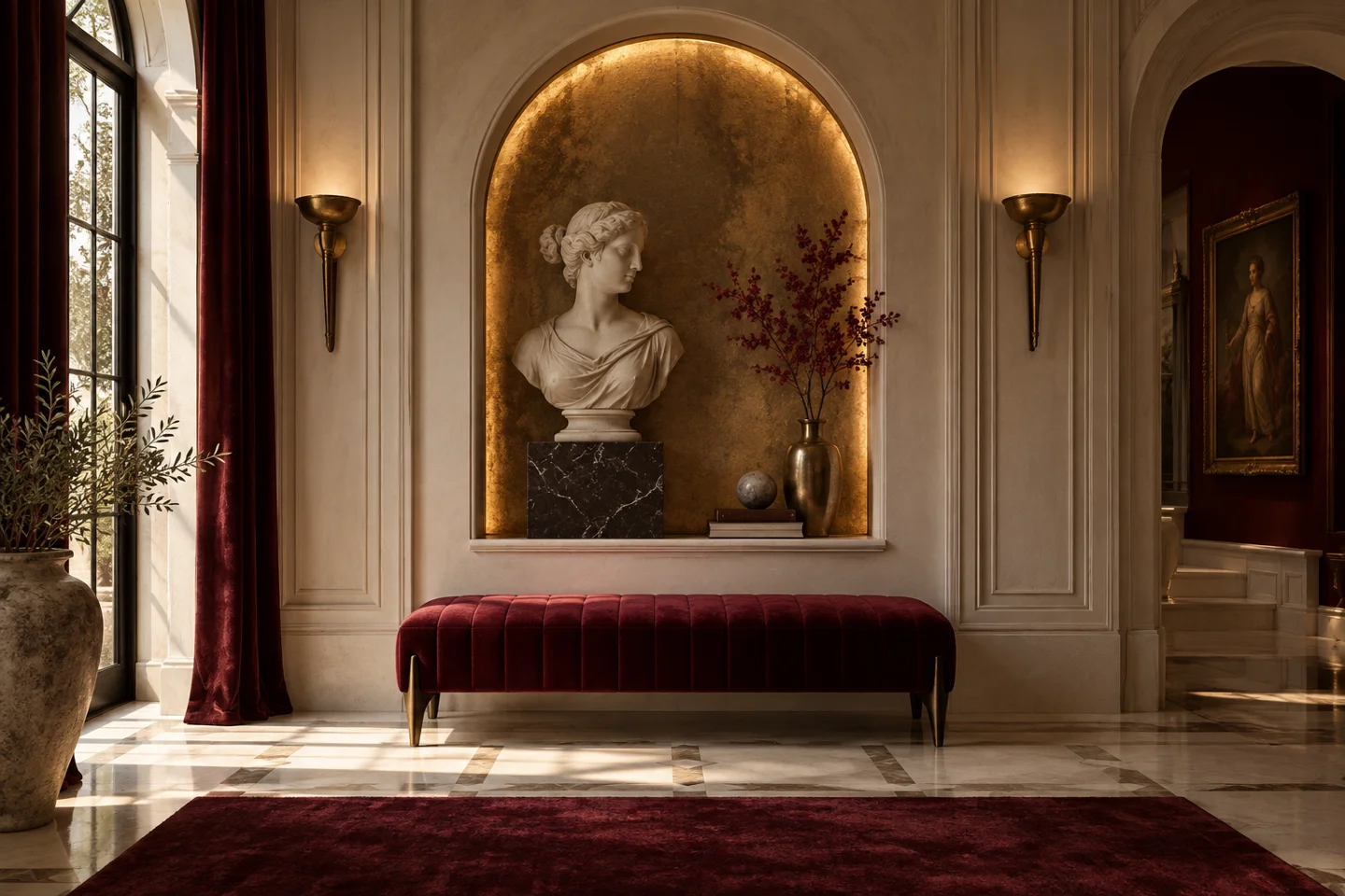 Bespoke gallery alcove with burgundy seating
