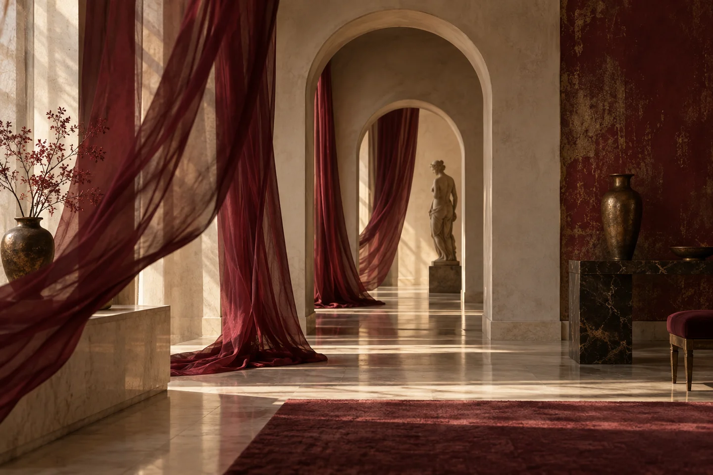 Layered arches and translucent fabric creating depth