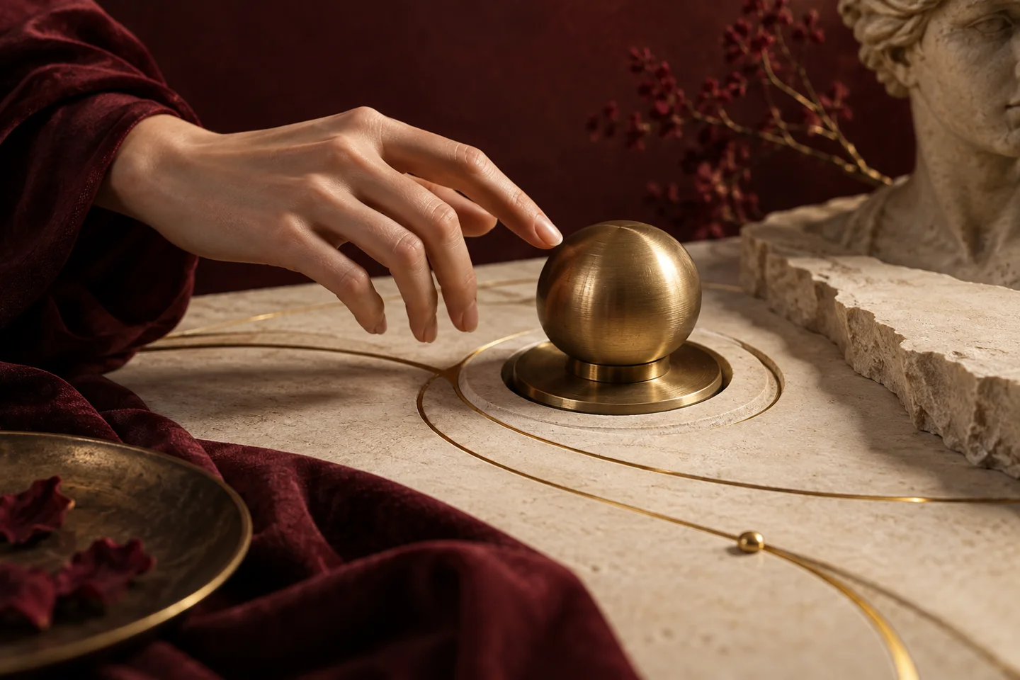 Tactile brass interaction detail on a cream surface