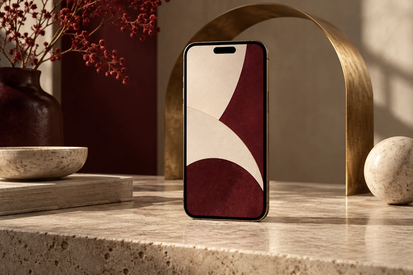 Phone showing a cream and burgundy editorial composition