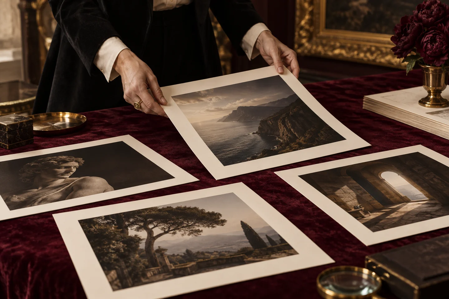 Hands selecting photographic prints on burgundy velvet