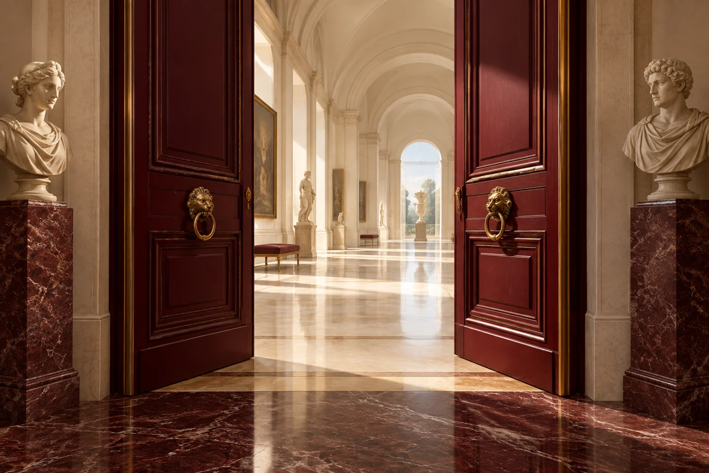 Open burgundy door leading into a bright gallery