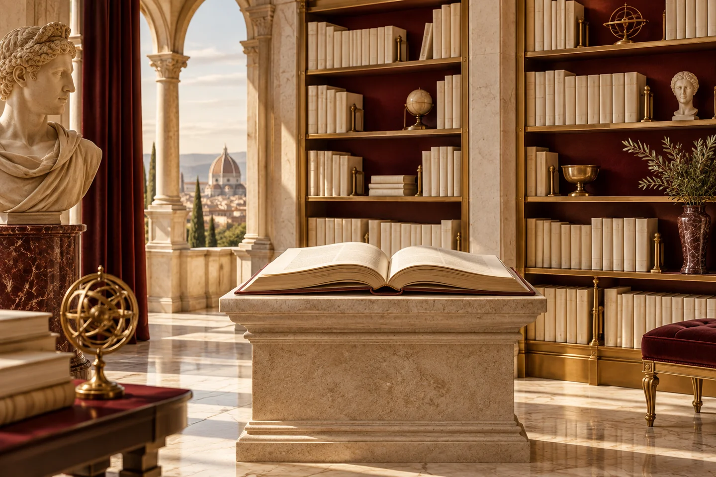 Ordered books and an open volume in a classical library