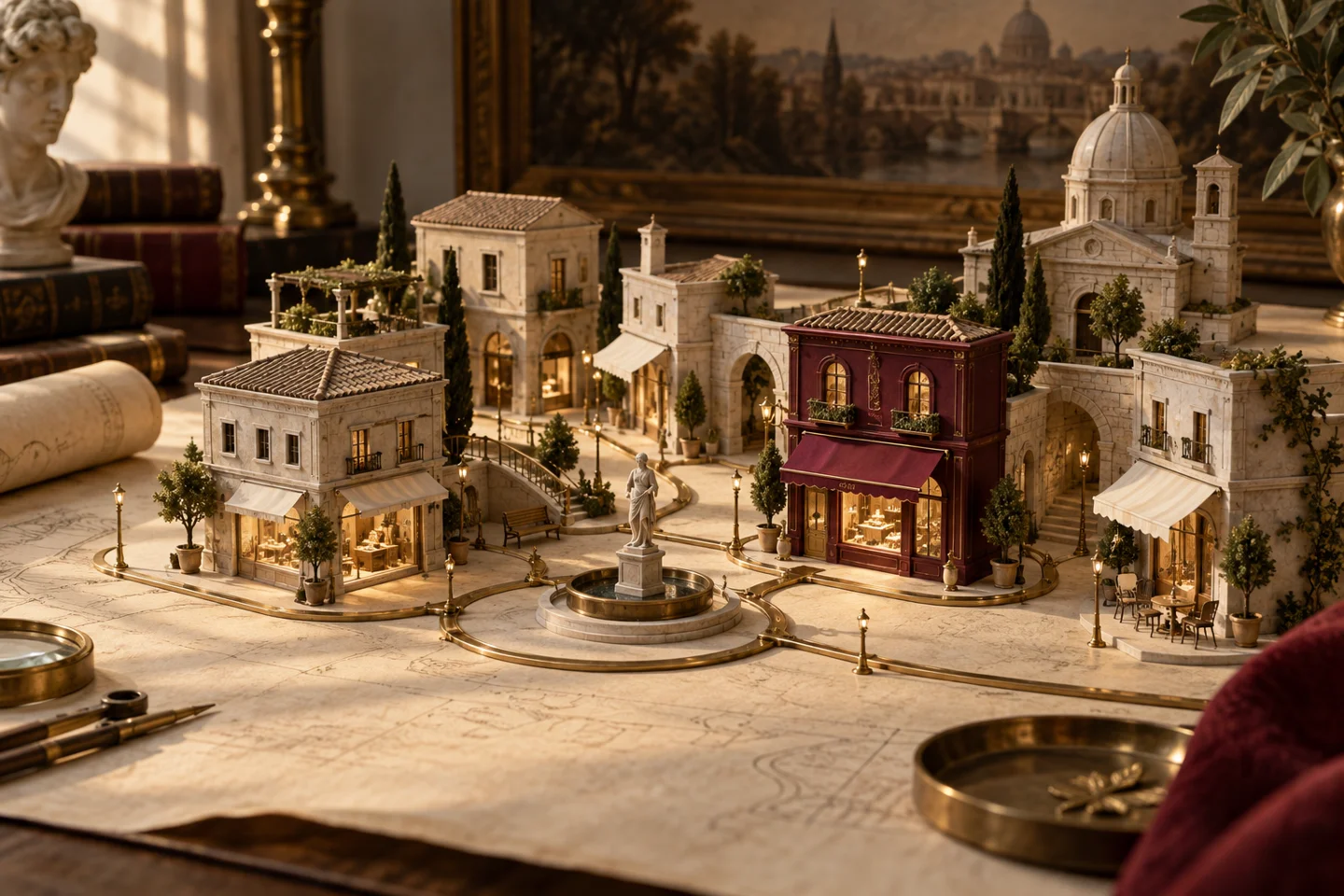 Architectural neighbourhood model linked by brass paths