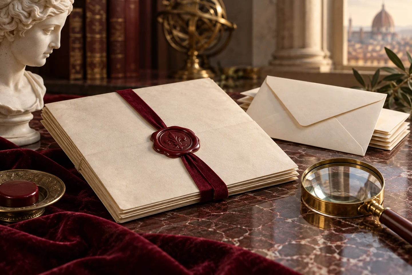Press folio, envelopes and a burgundy wax seal